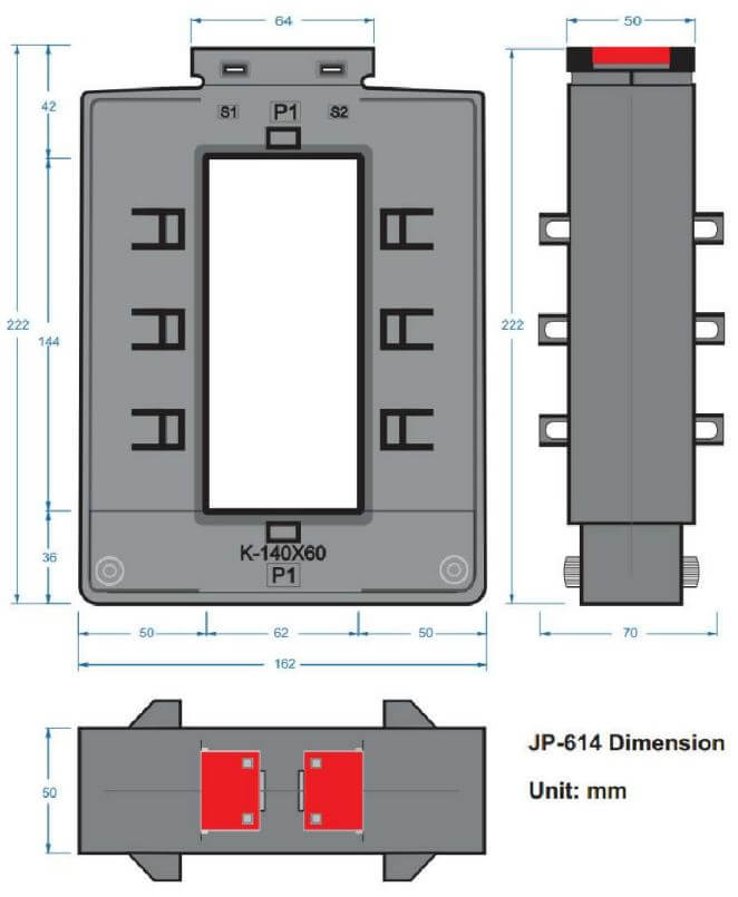 រចនាសម្ព័ន្ធ និង ទំហំ iLEC JP-614 1600/5A: Splitcore CT 1600/5A