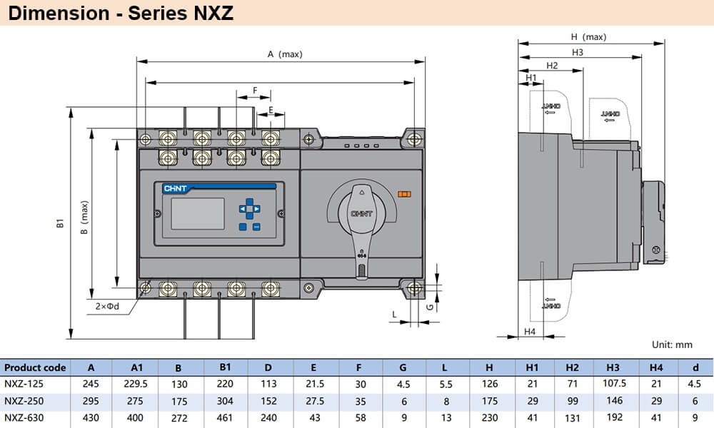 Kích thước ATS Chint NXZ-630/4B 500A
