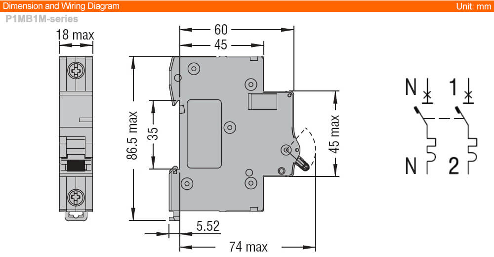 ទំហំ Dimension Lovato P1MB1MC04 ( MCB )