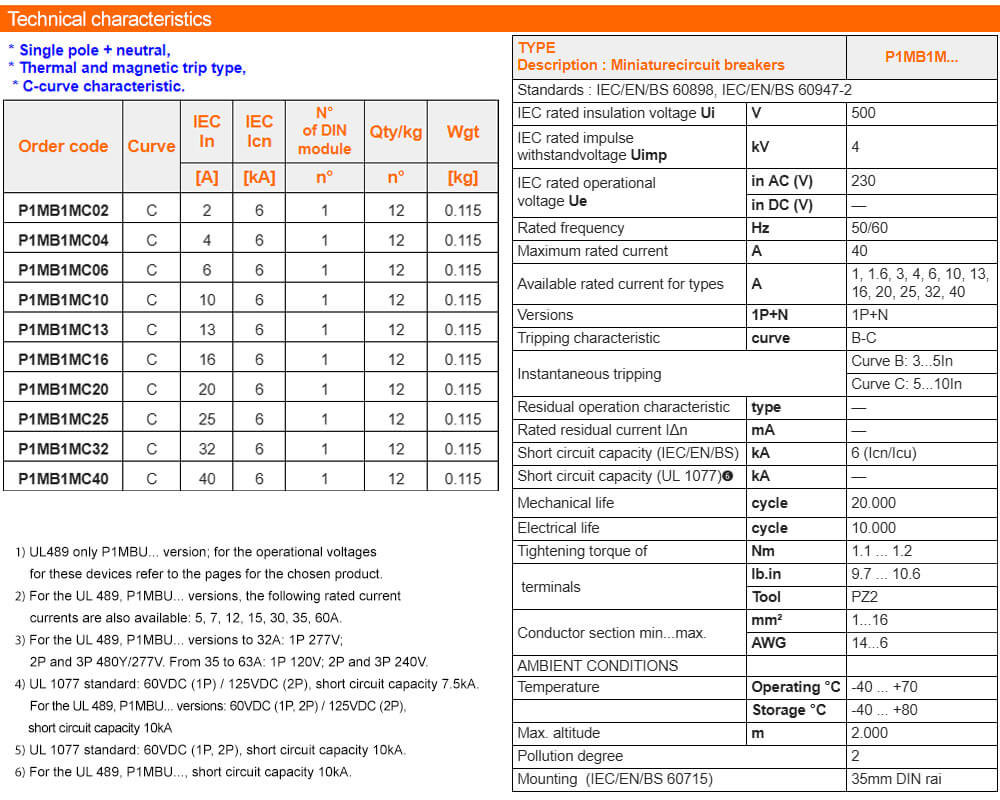 លក្ខណៈបច្ចេកទេស specifications Lovato P1MB1MC04 ( MCB )
