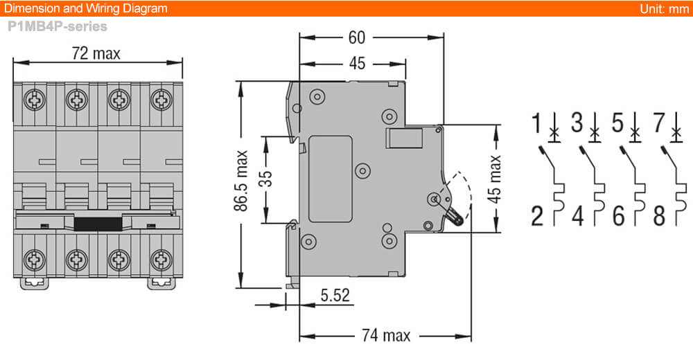 ទំហំ Dimension Lovato P1MB4PC02 ( MCB )