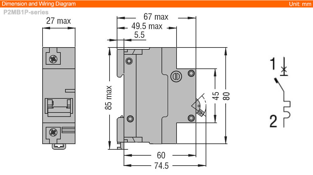 ទំហំ Dimension Lovato P2MB1PC125 ( MCB )