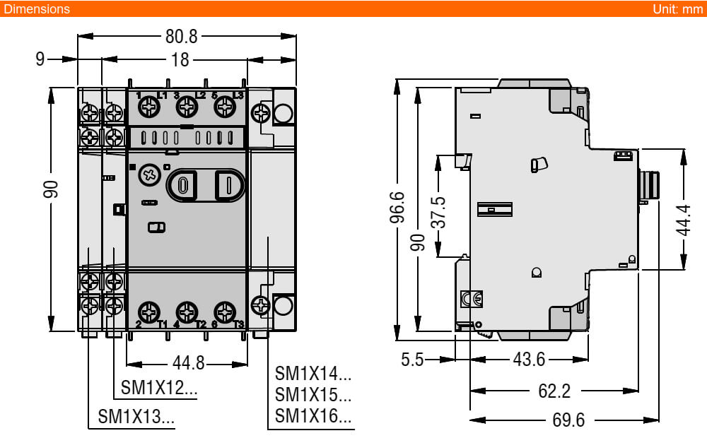 ទំហំ Dimension Lovato SM1P1000 ( MPCB )