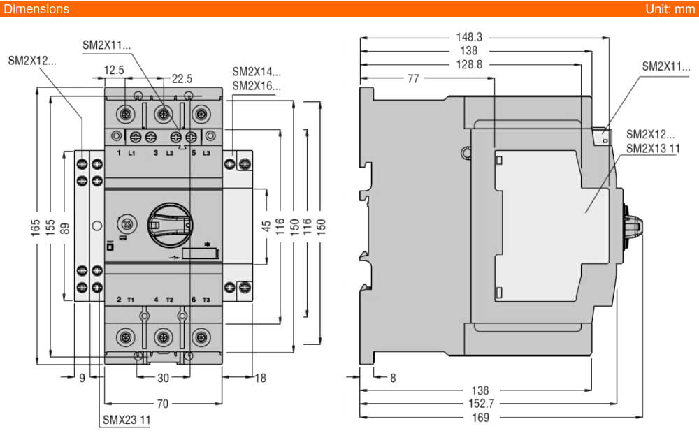 ទំហំ Dimension Lovato SM3R9000 ( MPCB )