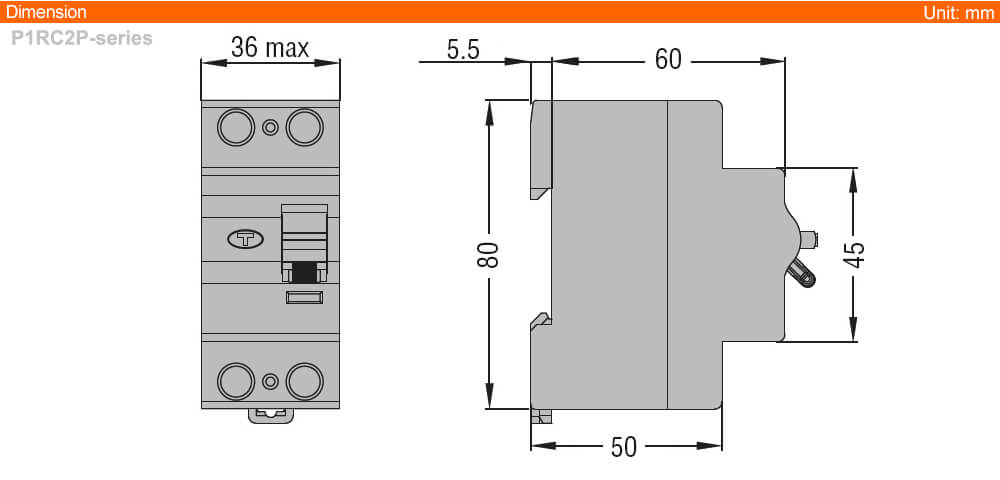 ទំហំ Dimension Lovato P1RC2P63AC300 ( RCCB )