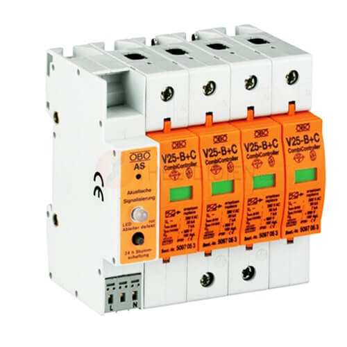 OBO V25-B+C/3-AS : ការពាររន្ទះ In 30kA/ហ្វា, I max 50kA/ហ្វា. មានស៊ីរ៉ែន